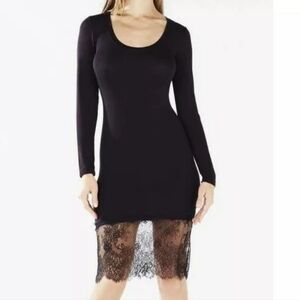 BCBGMAXAZRIA Livi Black Long Sleeve Fine Ribbed Wide Lace Hem Dress